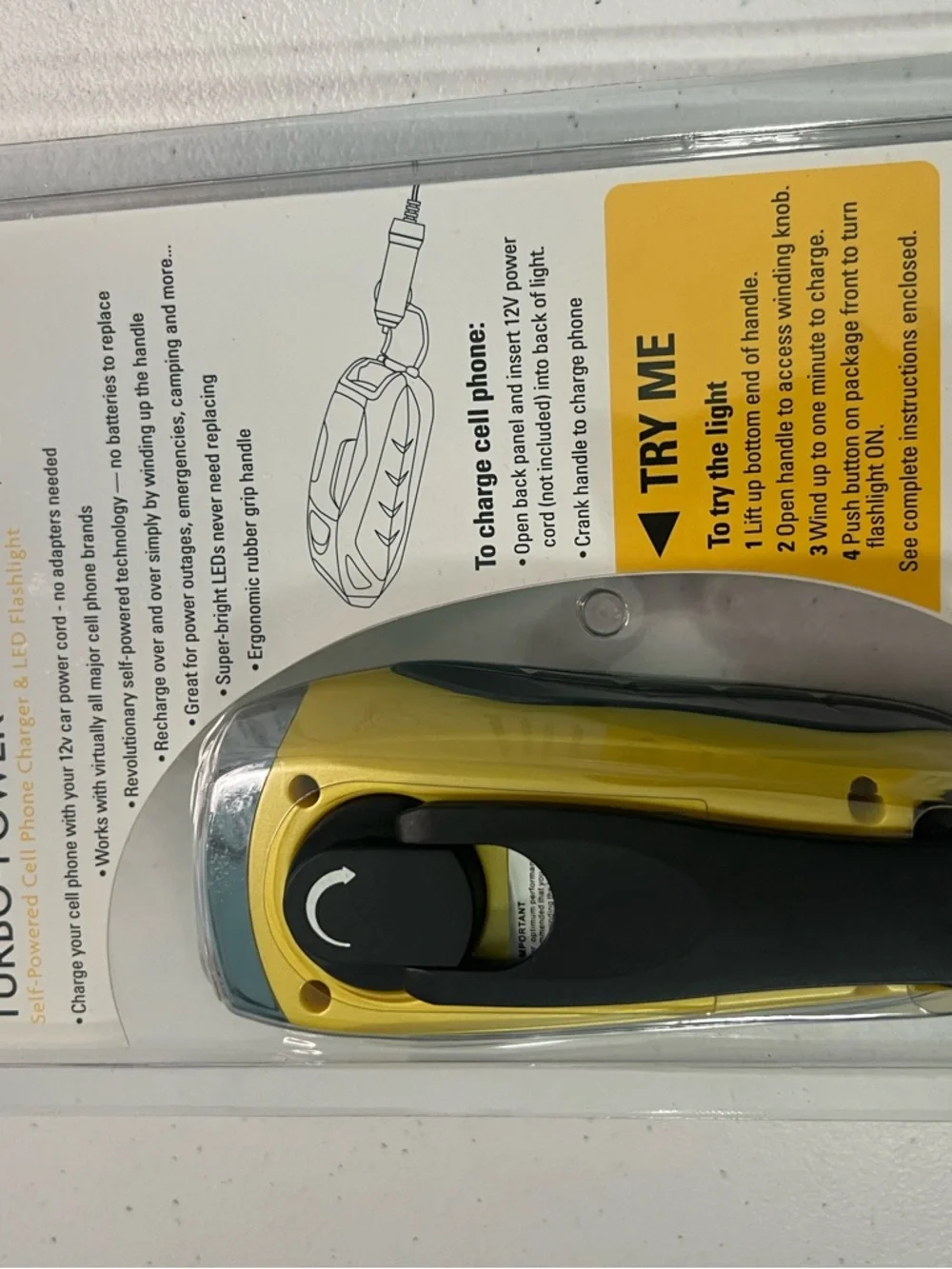Turbo-Power Self-Powered Cell Phone Charger & LED Flashlight - Yellow